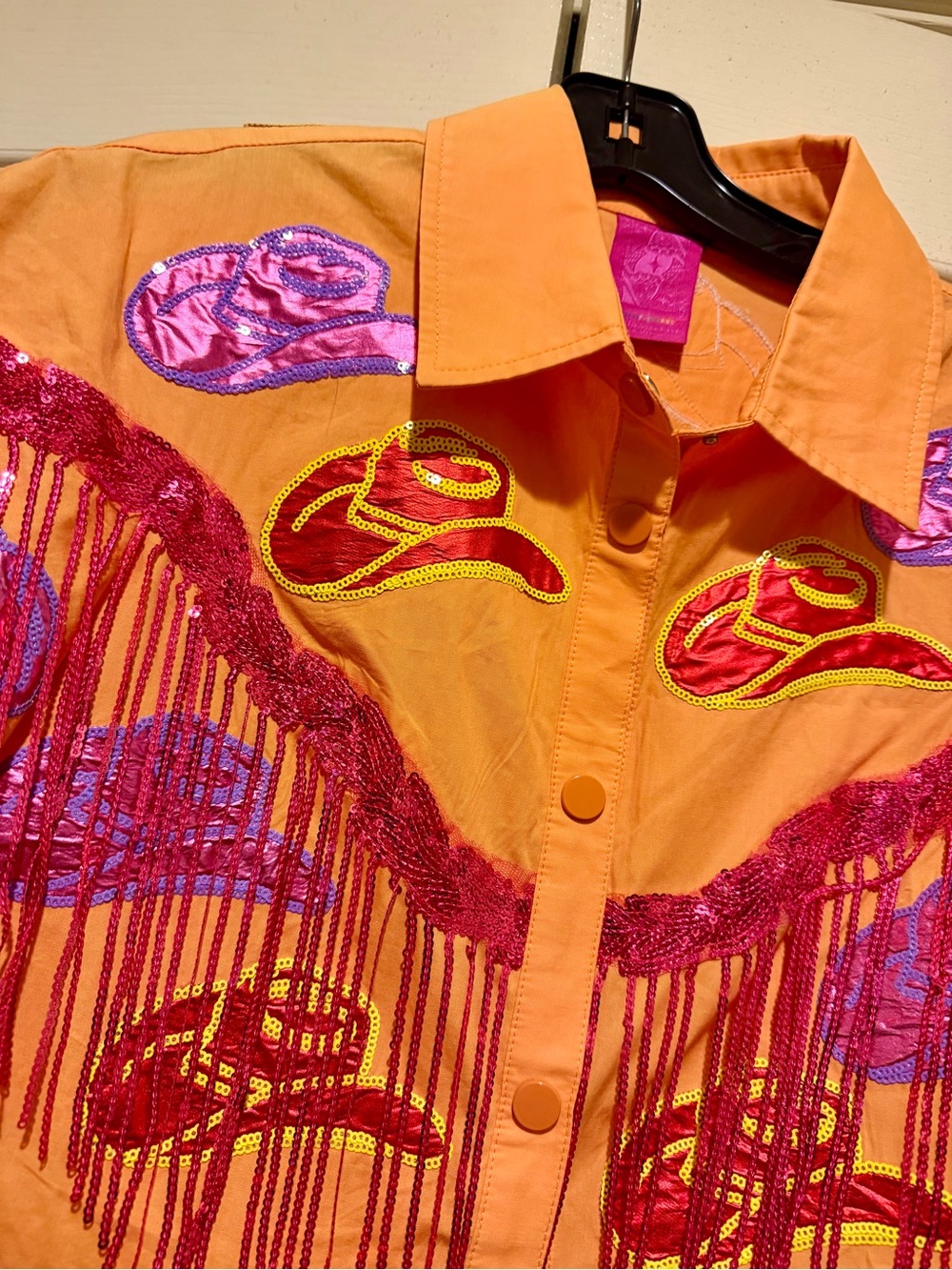 Queen of Sparkles Western Fringe Shirt Dress with Multicolor Hat Appliqués - Picture 2 of 4